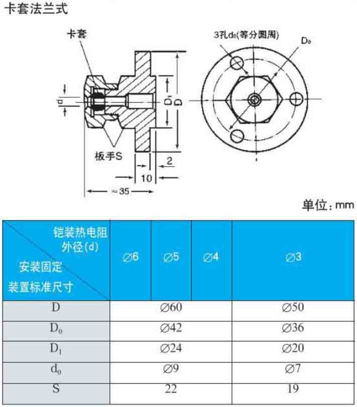 熱電阻溫度計卡套法蘭式安裝尺寸圖