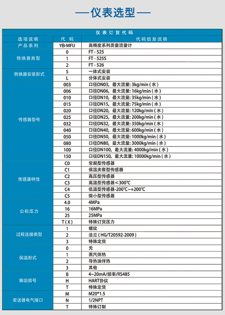 柴油質量流量計選項表