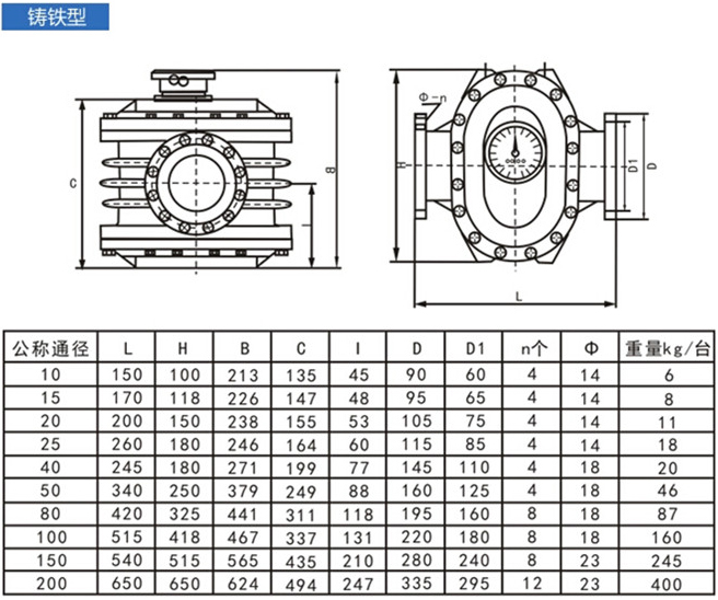鑄鐵型重油橢圓齒輪流量計外形尺寸圖